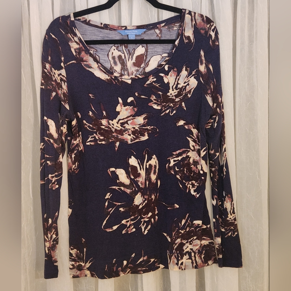 EUC Simply Vera Vera Wang Navy Floral Long Sleeve Blouse, Women Size S